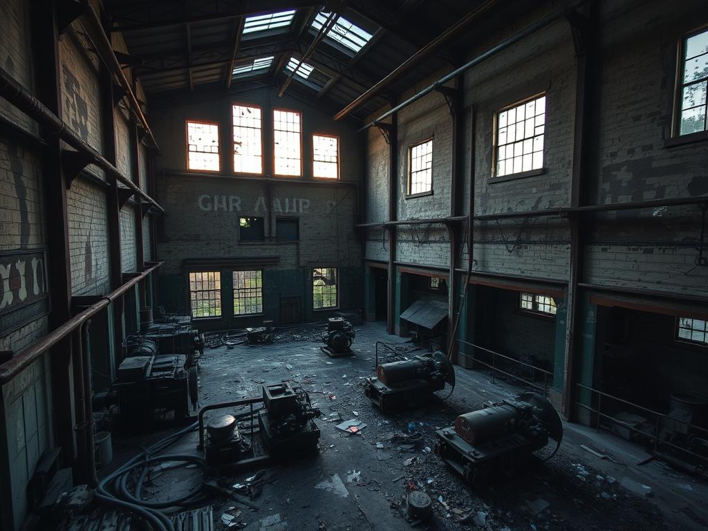 A dilapidated warehouse at dusk, the fading light filtering through broken windows, casting an eerie glow upon the crumbling walls. Rusted pipes, peeling paint, and abandoned machinery litter the expansive interior, telling the story of a once-bustling industrial hub now reclaimed by nature. The photographer's camera captures the essence of this forgotten place, the shutter's click immortalizing the haunting atmosphere and the sense of mystery that permeates the air. Shadows dance across the floor, highlighting the textures and details that give this lost world its unique character. The viewer is drawn into the frame, compelled to unravel the secrets hidden within the shadows of this abandoned urban exploration site.