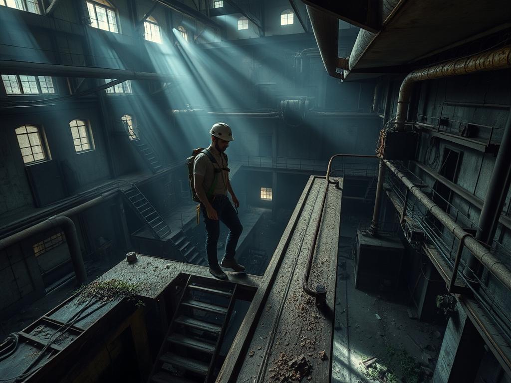 A dimly lit abandoned factory interior, with a lone urbexer donning a safety harness and helmet, cautiously navigating across a precarious catwalk. The scene exudes an aura of gritty realism, with shafts of light piercing through the dusty, decaying atmosphere. The urbexer's pose conveys a sense of determined focus, as they carefully assess their surroundings for potential hazards. In the background, a maze of rusted pipes, crumbling concrete, and overgrown debris creates a palpable sense of urban decay. The overall composition emphasizes the importance of proper safety equipment and vigilance when exploring abandoned spaces, capturing the essence of the "Sicherheitstipps für Urbex-Enthusiasten" section.