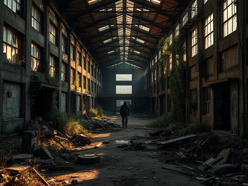 A dimly lit, abandoned industrial complex in the heart of Germany, its crumbling facades and broken windows testifying to the ravages of time. Weeds and vines creep up the sides of the decaying structures, casting long shadows across the debris-strewn ground. The air is thick with the scent of decay, and the only sound is the eerie creaking of rusting metal. In the distance, a lone figure in a hooded jacket navigates the maze of forgotten corridors, exploring the secrets that lie within these forgotten Urbex standortes. The scene is bathed in a warm, golden light, casting a haunting, melancholic atmosphere over the entire landscape.