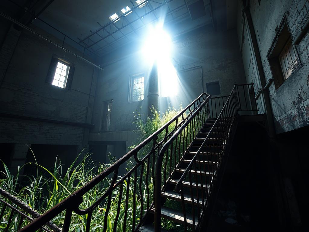 A dimly lit abandoned warehouse, its crumbling walls and broken windows a testament to its forgotten past. Weeds creep through the cracks, casting eerie shadows as a single beam of sunlight pierces the gloom. In the foreground, a rusting metal staircase leads to an upper level, its railing twisted and decaying. The atmosphere is heavy with a sense of neglect and the passage of time, inviting the viewer to explore the hidden stories that lie within. A wide-angle lens captures the scene, emphasizing the vastness of the space and the sense of isolation. This is the essence of Urbex, the exploration of abandoned and forgotten places, where the past and present collide in a haunting and captivating display.