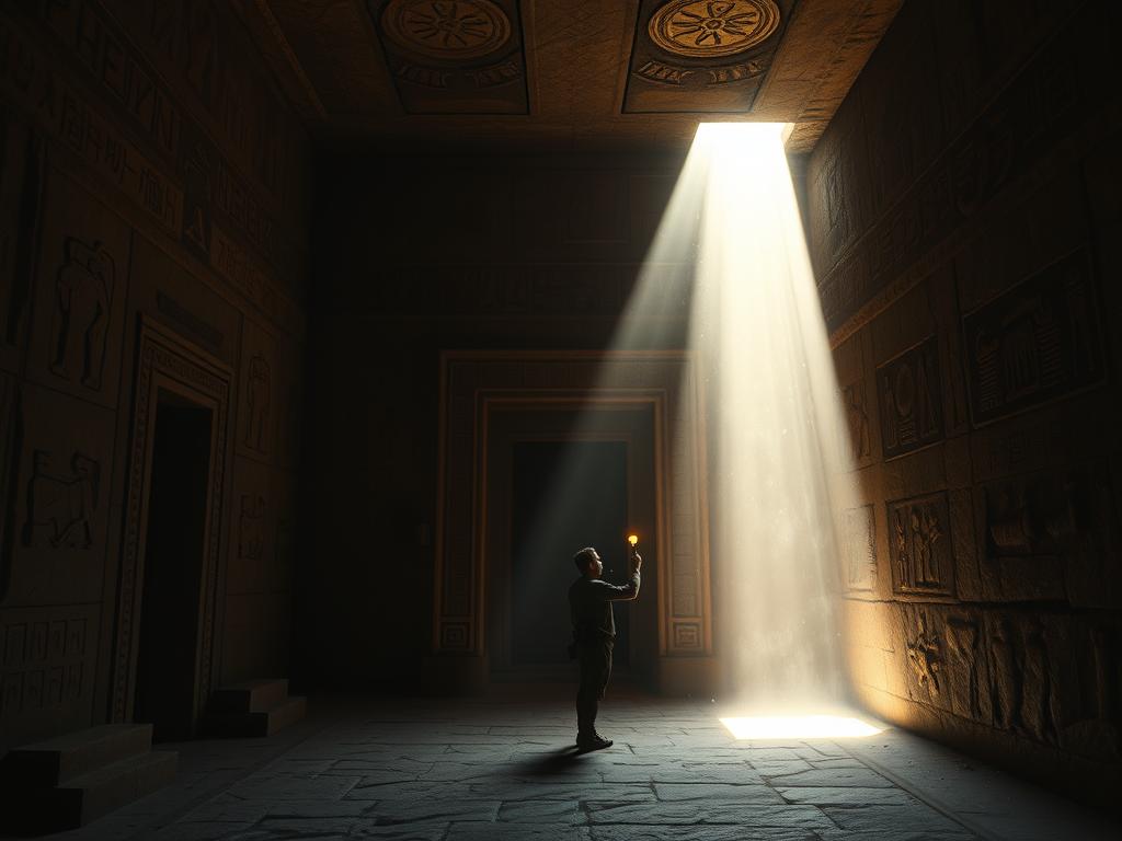 A dimly lit ancient chamber, the walls adorned with intricate carvings and hieroglyphics. A lone explorer, their torch casting flickering shadows, stands before a recessed alcove - the entrance to a long-forgotten passageway. Sunlight filters in through a hidden opening, illuminating the dust motes that dance in the air, hinting at the secrets that lie within. The air is thick with the scent of antiquity, the silence palpable, as if the very stones hold their breath in anticipation. A sense of wonder and mystery pervades the scene, drawing the viewer in, inviting them to uncover the hidden treasures that await.