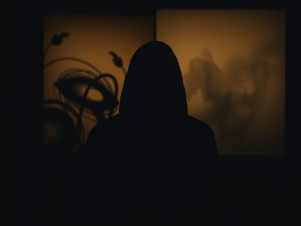 A dimly lit, moody interior scene. In the foreground, a figure shrouded in shadows, their face obscured, conveying a sense of unease and uncertainty. The middle ground features abstract, swirling shapes and forms, hinting at the tumultuous inner landscape of the subject. The background is hazy, blurred, with a sense of depth and isolation, evoking the isolation and introspection of the self-discovery journey. Soft, warm lighting creates a contemplative atmosphere, while a slightly off-kilter camera angle adds a sense of discomfort and disorientation. The overall scene is a visual metaphor for the challenges and anxieties inherent in the process of self-discovery.