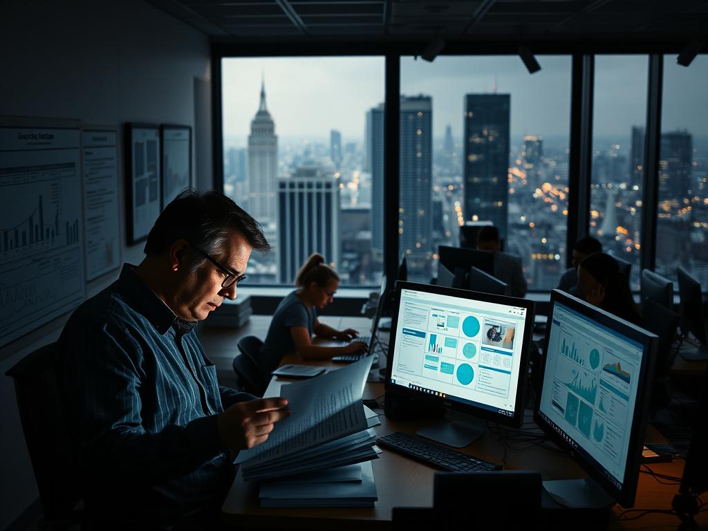 A dimly lit office space, the walls adorned with charts and graphs depicting the flow of business processes. In the foreground, a harried executive pores over a stack of documents, the glow of a computer screen casting a soft light on their face. In the middle ground, a team collaborates intently, phones ringing and keyboards clacking, as they work to expedite a critical project. The background reveals a cityscape through a large window, the hustle and bustle of the commercial district a testament to the importance of accelerating operations. Cinematic lighting, a Canon EOS R6 camera, and a 24-70mm lens capture the intensity and urgency of "Bedeutung von Expediting".
