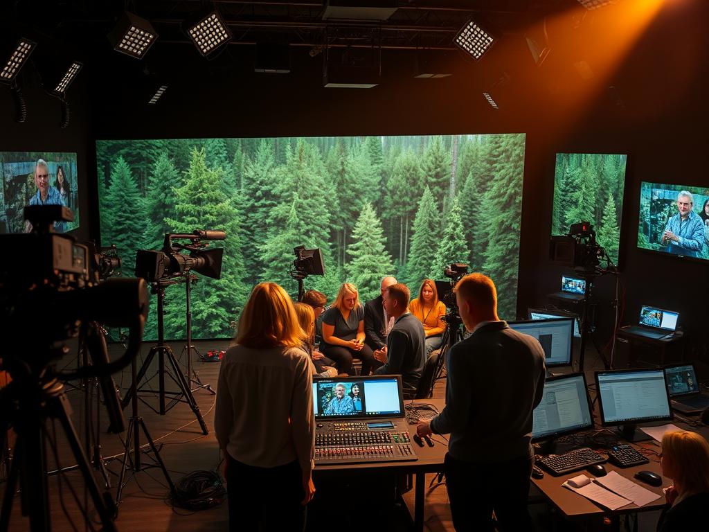 A dimly lit television studio, the backdrop a lush, verdant forest scene. In the foreground, two presenters stand before an array of high-tech cameras and lighting equipment, their expressions focused and engaged. The middle ground features a crew of technicians and producers, huddled around a central control panel, their hands expertly manipulating knobs and sliders. In the background, a team of researchers pore over maps and documents, their faces illuminated by the soft glow of computer screens. The atmosphere is one of quiet intensity, as the team works together to capture the essence of the Heimat, the cherished landscapes and traditions of their homeland. Warm, golden lighting casts a dreamlike haze over the scene, evoking a sense of nostalgia and wonder.