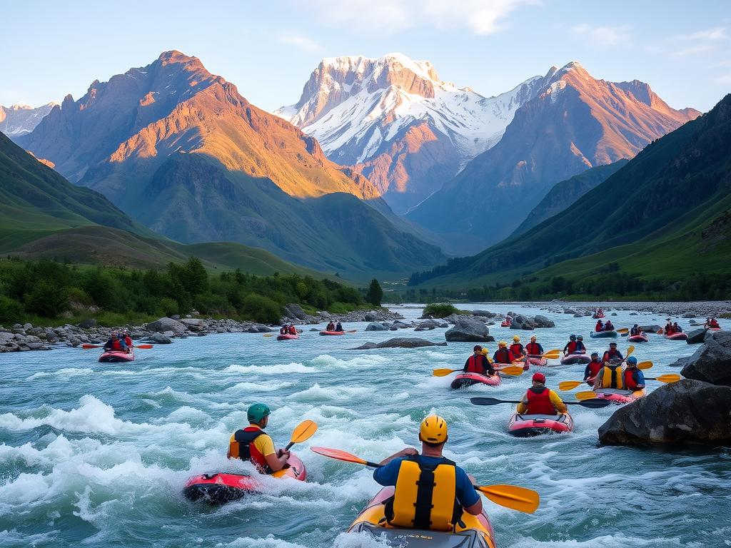 A diverse array of whitewater rafting adventures unfolds against the backdrop of a lush, mountainous landscape. In the foreground, a group of thrill-seekers navigate a churning river, their kayaks slicing through the foaming rapids. The middle ground reveals a serene stretch of water, flanked by verdant, rolling hills. Towering peaks rise in the distance, their snow-capped summits bathed in warm, golden light. The scene exudes a sense of exhilaration and tranquility, capturing the essence of the varied rafting experiences on offer. A wide-angle lens captures the dynamic interplay of land and water, inviting the viewer to imagine themselves embarking on an unforgettable rafting journey.