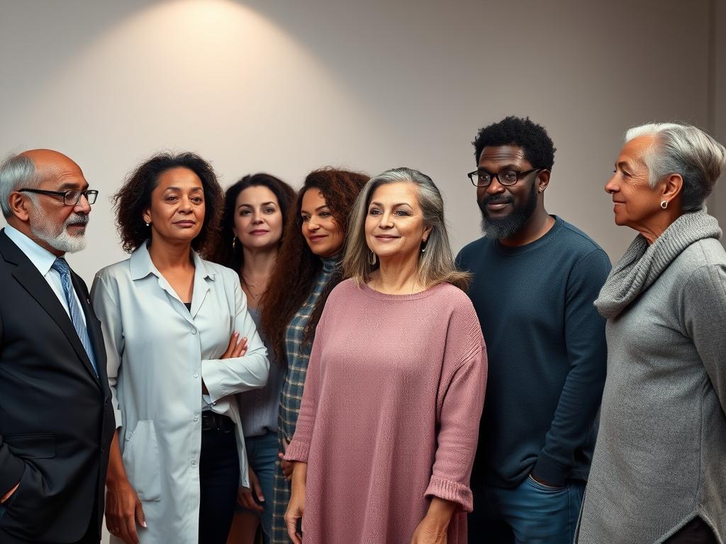 A diverse group of inspirational individuals standing together, radiating an aura of wisdom, compassion, and determination. In the foreground, a mix of people from various backgrounds - a renowned scientist, a pioneering entrepreneur, a celebrated artist, and a respected humanitarian - engaged in thoughtful discussion. Their facial expressions convey a sense of deep contemplation and mutual understanding. Behind them, a softly lit, minimalist studio setting with clean lines and muted tones, allowing the subjects to be the focal point. Subtle light from above and side highlights the contours of their faces, creating a sense of depth and drama. The overall atmosphere is one of intellectual curiosity, philosophical insight, and a shared commitment to making a positive impact on the world.