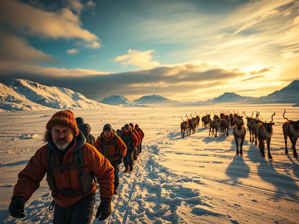 A dramatic Arctic expedition scene, captured through the lens of a rugged, weathered explorer's camera. In the foreground, a team of hardy adventurers traverse a vast, icy landscape, their faces etched with determination as they navigate the treacherous terrain. The middle ground reveals an expansive, snow-capped panorama, with towering glaciers and snow-blown skies. In the distance, a herd of majestic reindeer silhouetted against the horizon, a testament to the untamed wilderness. The lighting is a mix of warm, golden hues and cool, blue tones, creating a sense of both awe and trepidation. The overall mood is one of adventure, exploration, and the triumph of the human spirit in the face of nature's untamed grandeur.