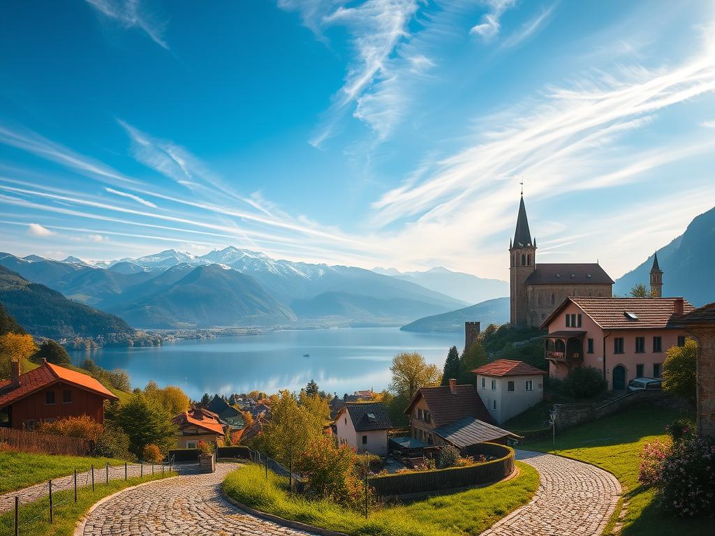 A dreamy, lush landscape showcasing the hidden gems of Europe. In the foreground, a winding cobblestone path leads to a charming village nestled among rolling hills. Quaint, colorful houses with terracotta roofs and flower-adorned balconies dot the scene. Towering medieval cathedrals and castle ruins stand in the middle ground, bathed in warm, golden light. In the distance, a tranquil lake reflects the snow-capped mountains, creating a serene, postcard-worthy vista. Wispy clouds drift across a bright, azure sky, adding to the sense of tranquility and timelessness. The overall atmosphere evokes a sense of discovery, inviting the viewer to explore these lesser-known, enchanting corners of the European continent.