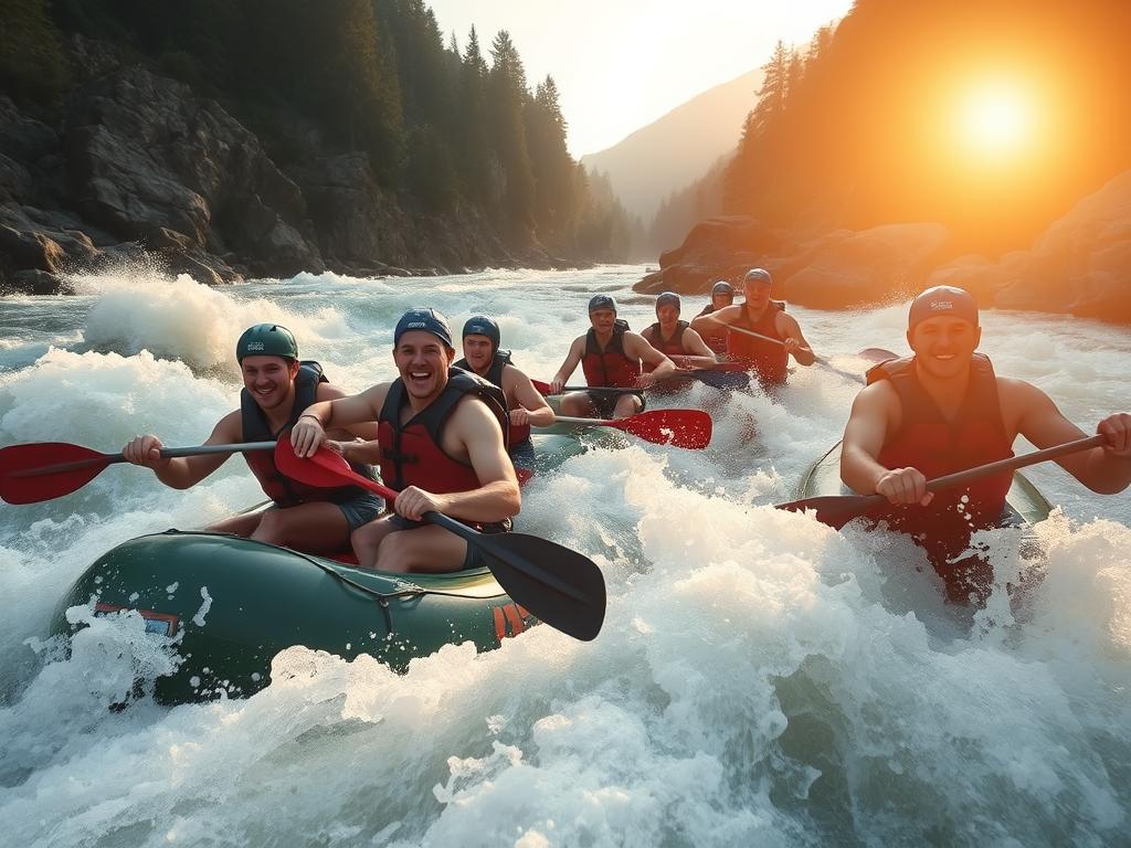 A dynamic team of white-water rafters navigating a thrilling stretch of rapids, their paddles cutting through the foaming currents as they work in perfect synchrony. The sun casts a warm glow on the rugged, forested riverbanks, creating a sense of adventure and excitement. The rafters' expressions are focused yet exhilarated, their bodies leaning into the turns as they maneuver the raft through the churning waters. The scene is captured with a wide-angle lens, emphasizing the scale and power of the natural environment. The overall mood is one of camaraderie, adrenaline, and the sheer joy of experiencing the thrill of white-water rafting in the heart of the German wilderness.