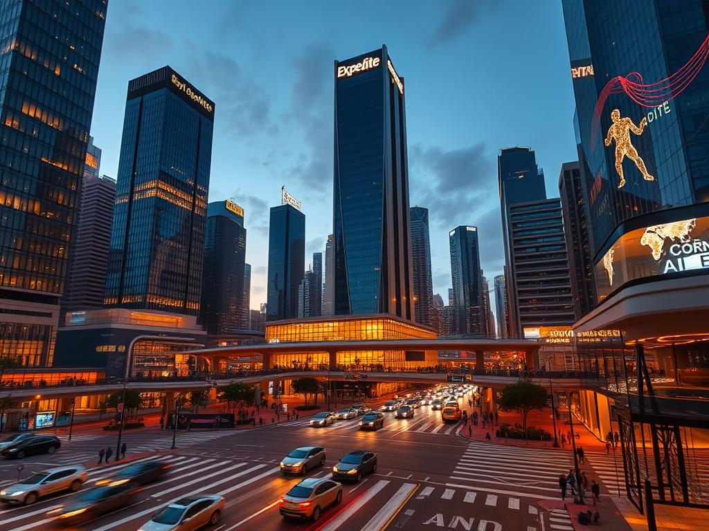 A futuristic cityscape at dusk, with sleek glass and steel skyscrapers bathed in warm, golden light. In the foreground, a busy intersection bustles with autonomous vehicles and pedestrians hurrying along the sidewalks. In the middle ground, a towering corporate headquarters with a prominent "Expedite" logo illuminates the scene. The background features a network of elevated transportation routes and glowing, holographic advertisements. The overall atmosphere conveys a sense of efficiency, progress, and innovation.