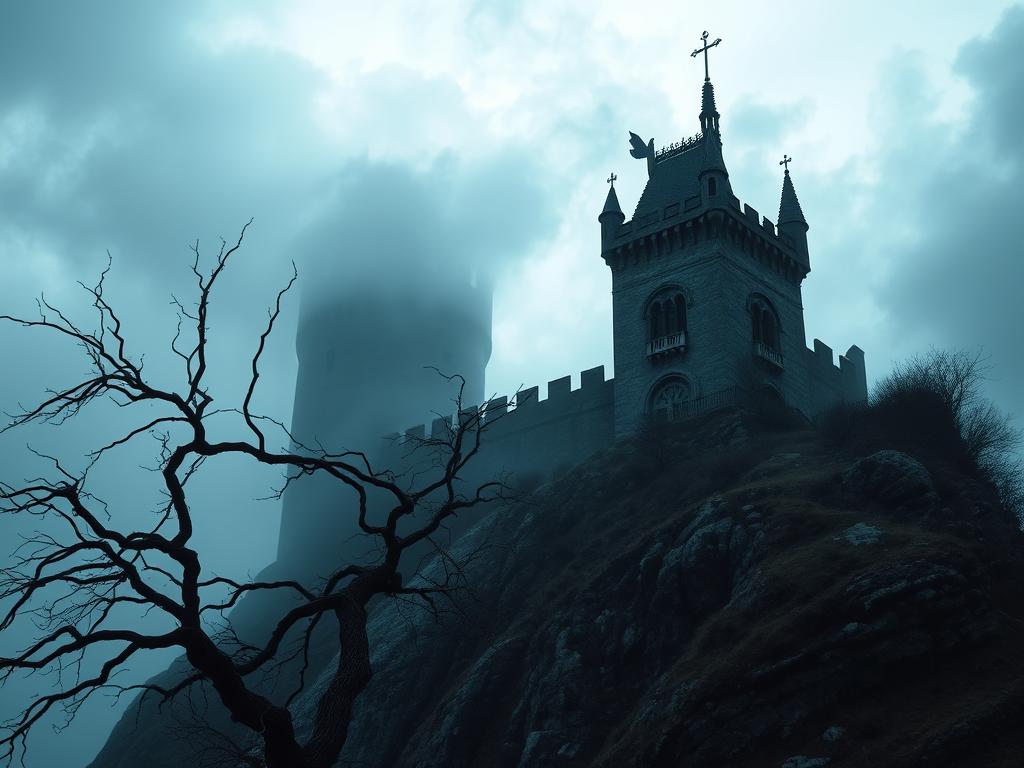 A gloomy, foreboding castle stands atop a craggy, mist-shrouded hill, its gothic spires and turrets silhouetted against a moody, overcast sky. Shadows cling to the weathered stone walls, hinting at a haunting, unsettling presence within. In the foreground, a twisted, bare-branched tree reaches toward the castle, as if beckoning the viewer to explore its mysterious depths. The scene is bathed in an eerie, bluish light, creating an atmosphere of unease and unnatural stillness. Ominous clouds loom overhead, adding to the sense of impending dread. This is a place where the boundaries between the natural and supernatural blur, where the familiar becomes unsettling and the known gives way to the unknown.