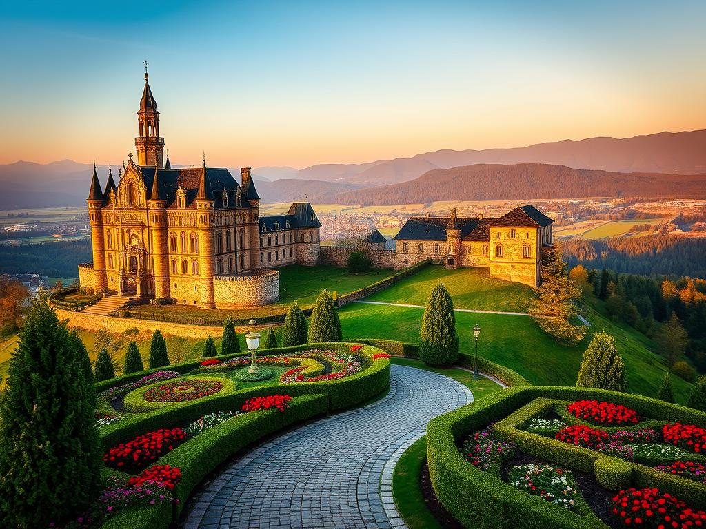 A grand, majestic castle nestled atop a rolling green hill, its towering spires and ornate facades bathed in warm golden sunlight. In the foreground, a cobblestone pathway winds through a lush, meticulously maintained garden, peppered with vibrant flower beds and neatly trimmed hedges. The middle ground reveals the castle's imposing stone walls, adorned with intricate carvings and weathered by the passage of time. In the background, a sweeping vista of rolling hills and densely forested mountains creates a breathtaking, picturesque setting, evoking a sense of timeless grandeur and history.