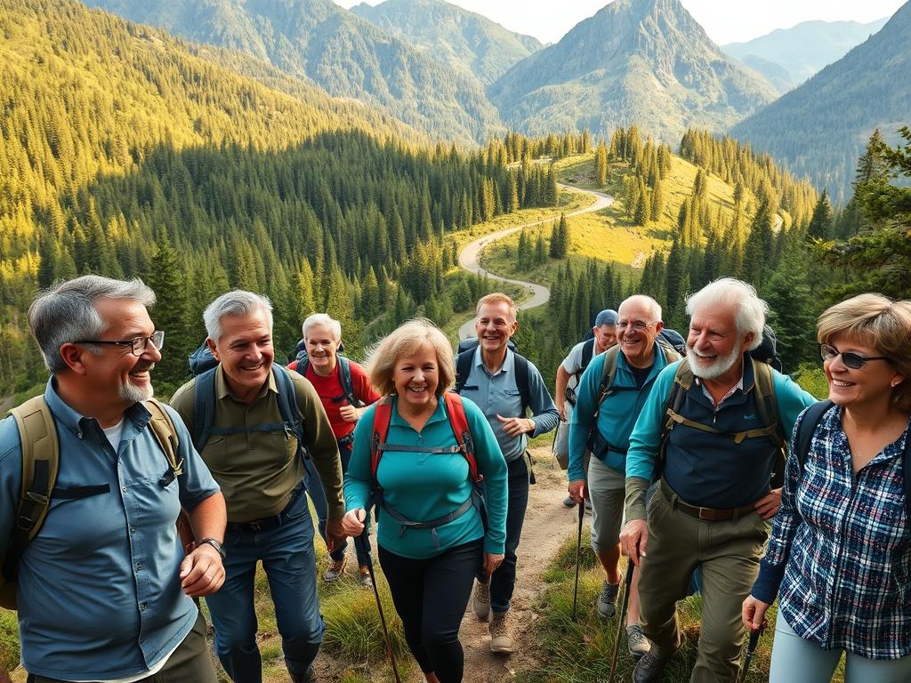 A group of active, vibrant seniors hiking together on a winding mountain trail, surrounded by lush, verdant forests and rugged, sun-dappled peaks. In the foreground, a diverse group of men and women in comfortable, functional hiking gear engage in lively conversation, their faces alight with joy and camaraderie. The middle ground reveals the path winding through the scenic landscape, inviting the viewer to join this adventurous, tight-knit community. Soft, warm lighting filters through the canopy, casting a gentle, inviting glow over the scene. The overall atmosphere is one of energy, exploration, and the fulfillment that comes from shared experiences in nature.