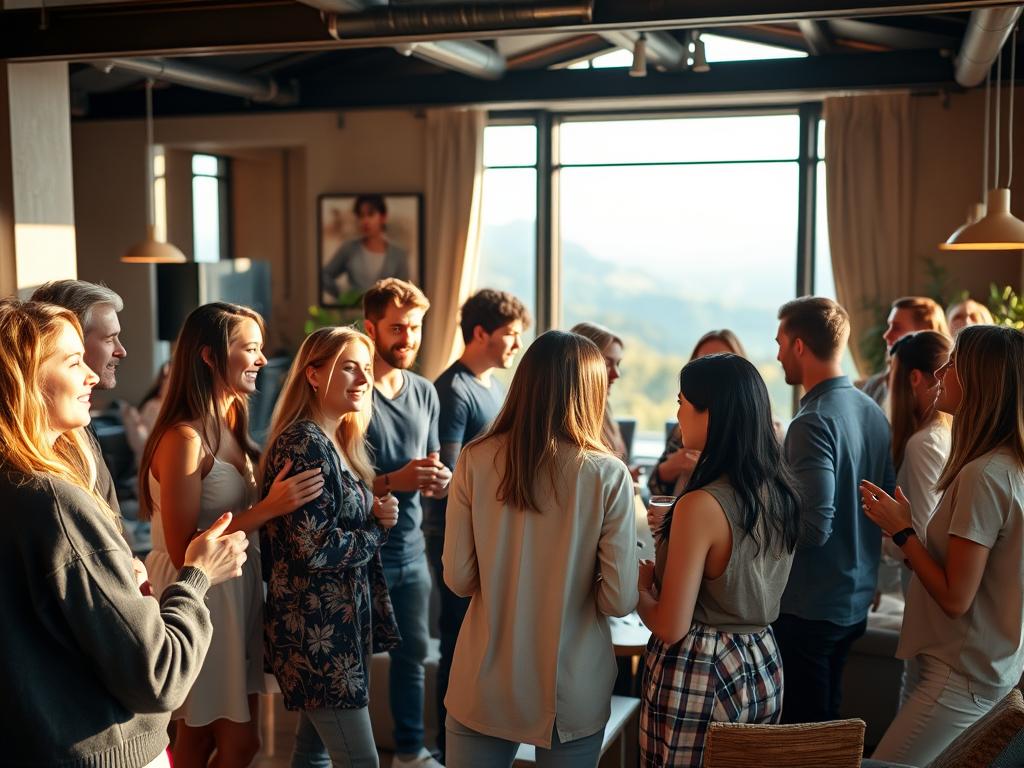 A group of diverse and vibrant singles, aged 30 and above, gathered in a warm, inviting setting. In the foreground, they mingle and converse animatedly, their faces lit by soft, natural lighting that creates a cozy, intimate atmosphere. The middle ground features a stylish, modern interior design, with comfortable seating areas and a backdrop of large windows that allow natural light to flood the space. In the background, a serene, scenic view can be seen, hinting at the potential for outdoor activities and adventures that may be part of the "Gruppenreisen für Singles ab 30" experience. The overall mood is one of camaraderie, connection, and the promise of new experiences and relationships.
