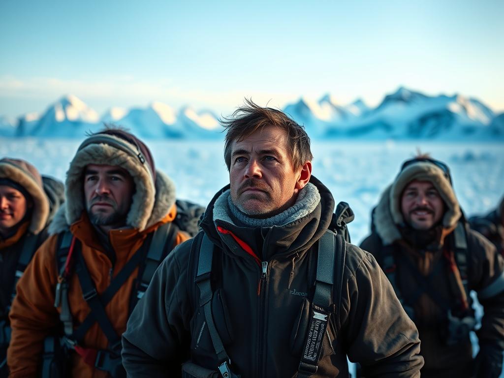 A group of hardy, determined explorers embarking on an expedition to the South Pole. In the foreground, rugged expedition members in thick winter attire, faces etched with determination, each carrying specialized equipment. Behind them, a vast, pristine landscape of snow-capped peaks and glacial formations stretches out, bathed in soft, ambient lighting that captures the austere, majestic beauty of the Antarctic. Keen eyes scan the horizon, anticipating the challenges that lie ahead. The scene conveys a sense of adventure, scientific curiosity, and the human spirit's triumph over the harsh, unyielding environment.