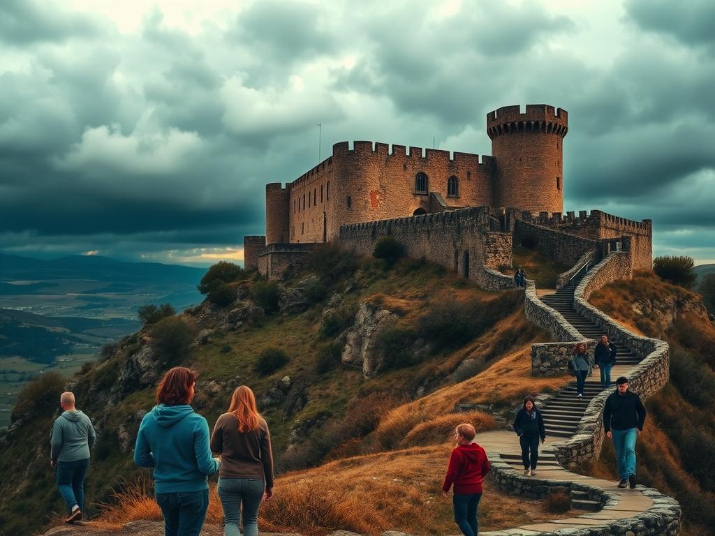 A group of people exploring a historic castle perched atop a rugged hilltop, its weathered stone walls and turrets silhouetted against a dramatic, moody sky. In the foreground, a couple pauses to take in the breathtaking view, while others wander along winding paths, curiosity etched on their faces. Warm, golden lighting casts a sense of timelessness, as if the past and present have converged. The scene conveys the allure of discovering ancient, storied places and the profound connection we can feel to history when immersed in it.