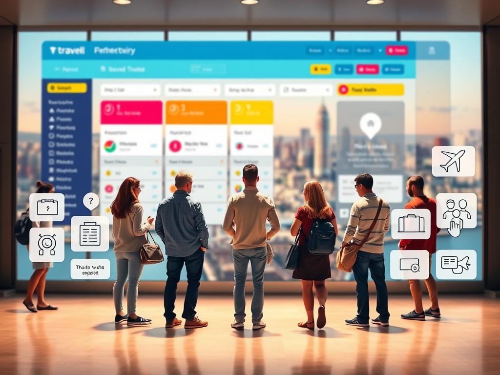 A group of people standing in front of a large, colorful travel planning tool interface, showing common mistakes and errors people make when planning their trips. The foreground features various icons and graphics representing issues like incorrect dates, budget miscalculations, and overlooked travel requirements. The middle ground depicts the main travel planning tool, with a sleek, modern design and intuitive controls. The background showcases a softly blurred cityscape, hinting at the ultimate destination. The lighting is warm and inviting, creating a sense of ease and approachability. The overall mood is one of problem-solving and helpful guidance, encouraging users to avoid common pitfalls when planning their next adventure.