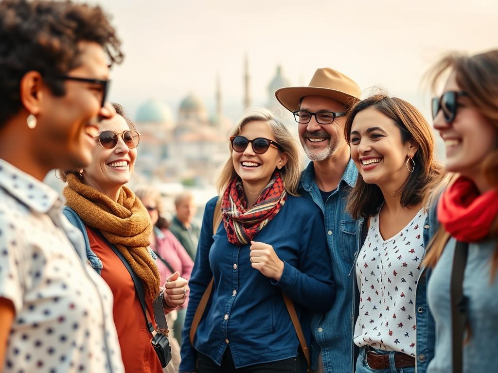 A group of solo travelers aged 30 and above, standing together and smiling, in a vibrant and engaging travel scene. The foreground features a diverse group of people, dressed in casual, comfortable attire, engaged in lively conversation and enjoying each other's company. The middle ground showcases the backdrop of a picturesque destination, with landmarks, landscapes, or cultural elements that reflect the travel experience. The background is softly blurred, creating a sense of depth and focus on the central group. The lighting is warm and natural, creating a welcoming and inviting atmosphere. The overall composition conveys a sense of camaraderie, shared experiences, and the joy of solo travel for the 30+ demographic.