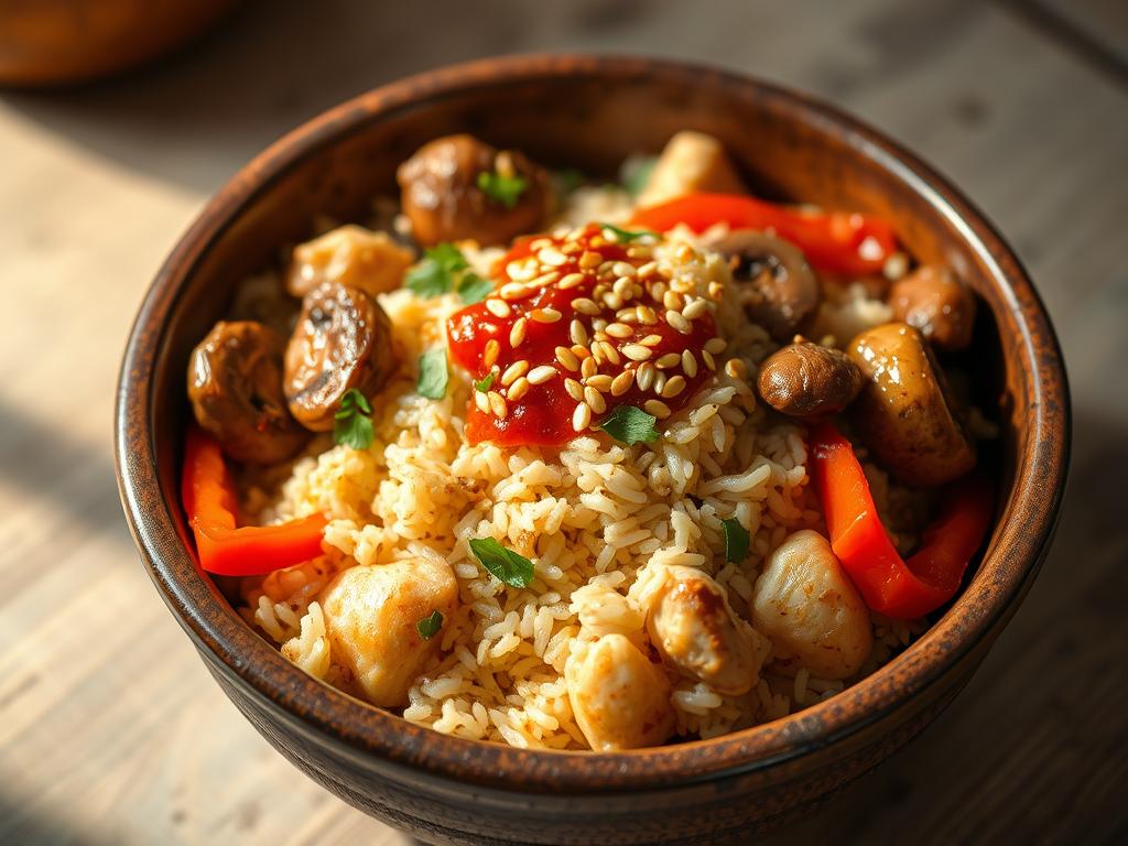 A hearty rice dish, steaming hot, presented in a rustic, earthenware bowl. The rice, cooked to perfection, is surrounded by an assortment of savory ingredients - tender chunks of roasted chicken, sautéed mushrooms, and vibrant bell peppers. The dish is accented with fragrant herbs, a sprinkle of toasted sesame seeds, and a drizzle of rich, flavorful sauce. The lighting is warm and natural, casting a soft glow over the scene, creating an inviting and comforting atmosphere. The camera angle is slightly elevated, capturing the dish in all its delicious glory, making it the focal point of the image.