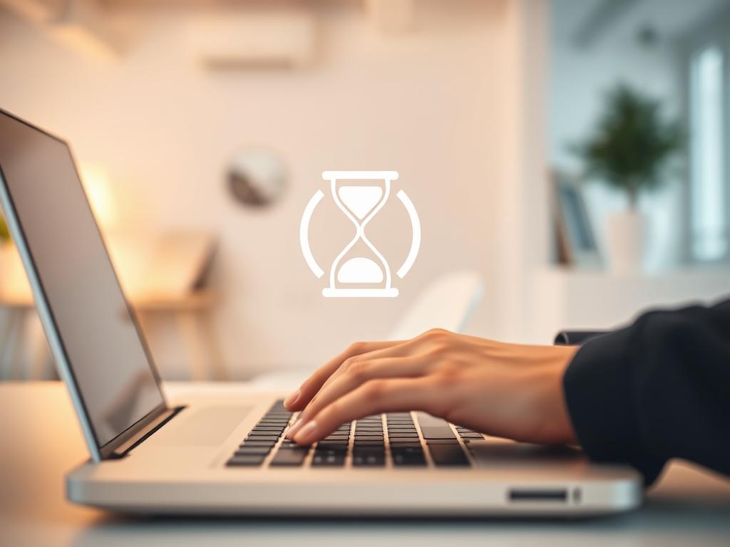 A high-quality, realistic image showcasing the benefits of using "expedite" to save time. The composition features a foreground with a focused, close-up view of a person's hands typing on a laptop keyboard, conveying a sense of efficiency and productivity. The middle ground depicts an hourglass icon and a clock face, representing the concept of time savings. The background showcases a minimalist, clean office environment with warm, ambient lighting, creating a professional and organized atmosphere. The overall image should convey a sense of simplicity, elegance, and the advantages of utilizing the "expedite" approach to accelerate tasks and maximize productivity.