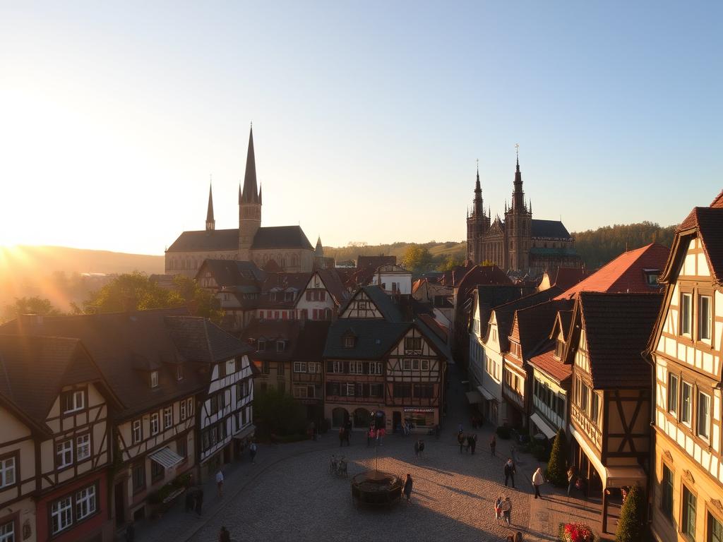 A historic German city nestled in a lush, rolling landscape. Imposing medieval castles and cathedrals rise majestically against a warm, golden sky, their spires and turrets silhouetted in the fading light. Quaint cobblestone streets wind through charming half-timbered houses, their colorful facades casting long shadows across the weathered pavement. Locals go about their daily lives, strolling leisurely or gathering in bustling market squares. The scene is imbued with a sense of timeless tradition and enduring heritage, capturing the essence of Germany's most captivating historic towns.
