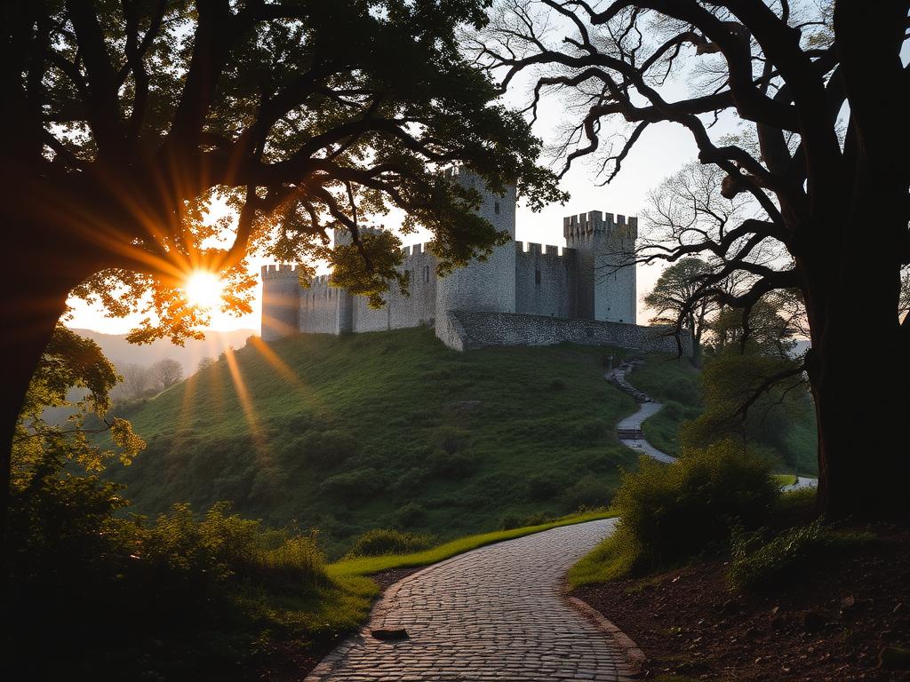 A historic stone castle sits atop a verdant hill, its turrets and ramparts casting long shadows across the landscape. In the foreground, a cobblestone path winds through a lush forest, leading visitors deeper into the heart of this enchanting place. The warm glow of the setting sun filters through the canopy of trees, illuminating the weathered walls and creating a sense of timeless wonder. In the distance, the silhouettes of ancient oak trees frame the scene, hinting at the rich history that has unfolded within these hallowed grounds. This is a place where the past and present collide, inviting us to step back in time and discover the secrets that lie within.
