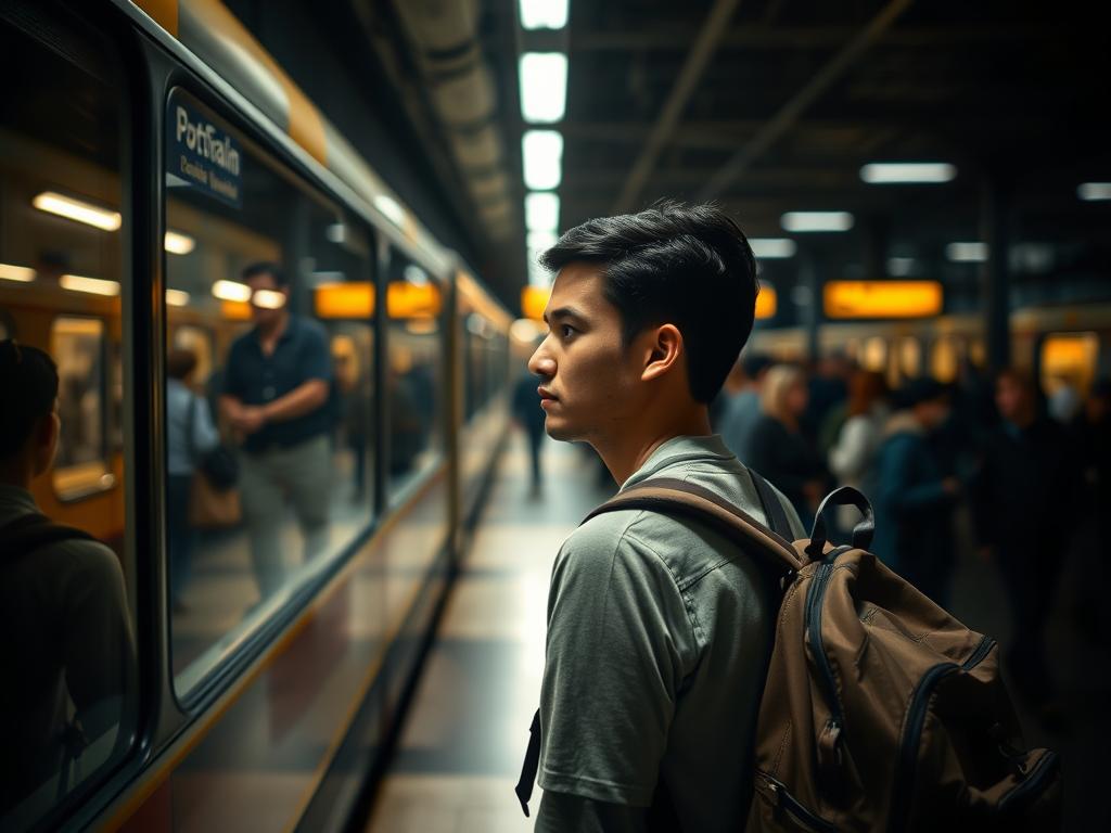 A lone traveler stands in a dimly lit train station, backpack slung over their shoulder, eyes filled with a mix of excitement and trepidation. The cavernous space is bustling with the energetic hum of commuters, their hurried steps and muted chatter creating a sense of vibrant isolation. Soft, warm lighting casts gentle shadows, highlighting the traveler's pensive expression as they gaze out a large window, their reflection blending with the passing scenery beyond. The atmosphere is one of contemplation, a moment of pause amidst the constant flow of human interaction, where the traveler finds themselves in a contemplative state, exploring the balance between solitude and connection on their journey of self-discovery.