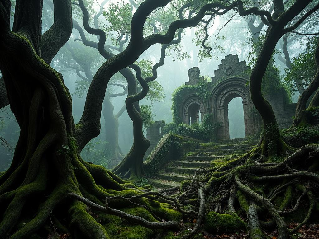 A lush, ancient forest shrouded in mist, the sunlight barely filtering through the dense canopy. Twisted, gnarled trees with hollow eyes seem to hold ancient secrets, their twisted roots snaking across mossy undergrowth. In the distance, a dilapidated stone structure, its crumbling façade intertwined with vines and ivy, whispers of a forgotten past. The air is thick with the scent of damp earth and a sense of timeless wonder. Soft, diffused lighting highlights the rich textures and subdued colors, creating an atmosphere of mystical, hidden places. Shoot this scene with a wide-angle lens to capture the scale and grandeur of the setting, emphasizing the juxtaposition of nature's reclamation and man's fleeting mark on the landscape.