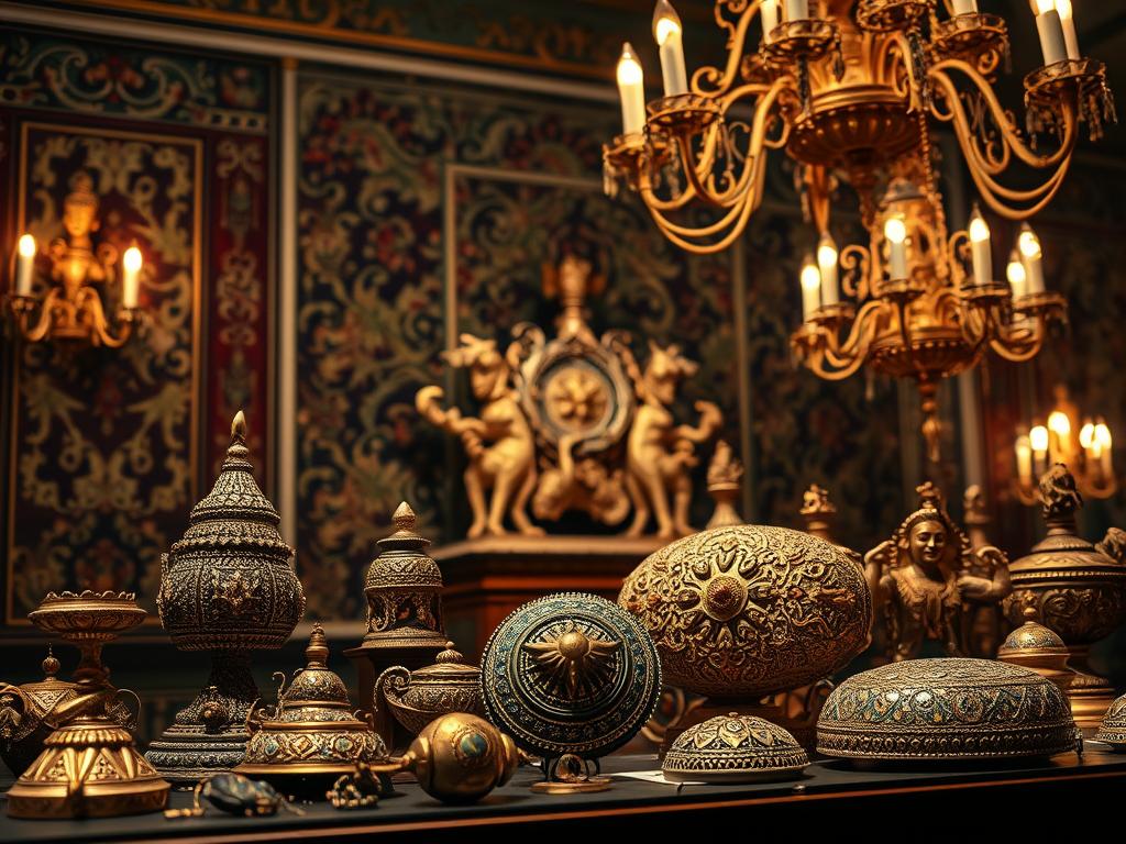 A lush, ornate backdrop of intricate tapestries, ornate gold sculptures, and shimmering chandeliers casting a warm glow. In the foreground, a collection of rare, bejeweled artifacts and relics from forgotten civilizations, each piece a captivating work of art. Soft, dramatic lighting highlights the intricate details and mesmerizing patterns, inviting the viewer to lean in and discover the hidden stories and cultural treasures. The composition has a sense of depth and grandeur, evoking a sense of awe and wonder at the hidden gems of the art and cultural world.