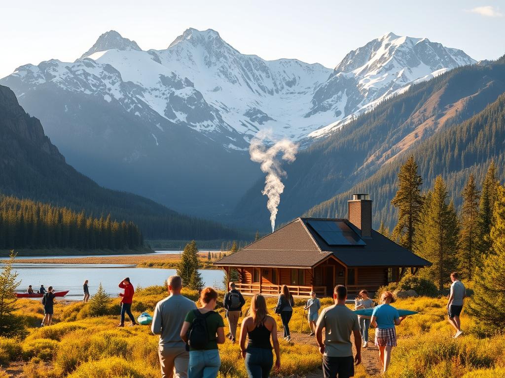 A lush, pristine wilderness landscape with towering snow-capped mountains in the background. In the foreground, a group of people engaged in various eco-friendly activities - hiking, kayaking, and birdwatching. The scene is bathed in warm, golden light, creating a serene and inviting atmosphere. The middle ground features a small, sustainably-built lodge with solar panels on the roof. Wisps of smoke curl from the chimney, hinting at a cozy interior. The overall composition conveys a sense of harmony between humans and nature, illustrating the principles of sustainable tourism.