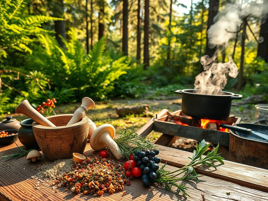A lush, sun-dappled forest clearing, with a rustic wooden table set with an assortment of foraged mushrooms, berries, and wild herbs. In the foreground, a weathered mortar and pestle grinds a fragrant mix of seasonings, while a cast-iron pot simmers over a crackling campfire, its steam curling invitingly. The middle ground features a backdrop of verdant ferns and towering pines, their branches filtering the golden light. The scene exudes a sense of tranquility and culinary inspiration, hinting at the bounty of nature's culinary gifts.