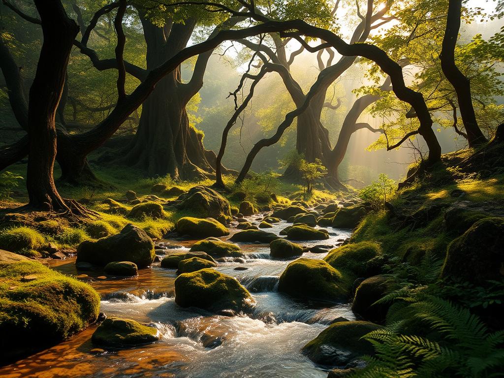 A lush, verdant forest glade bathed in soft, golden sunlight. In the foreground, a crystalline stream gently flows, its waters shimmering with hidden treasures. Mossy rocks and ferns line the banks, creating a sense of tranquility and discovery. In the middle ground, ancient, twisted trees rise up, their branches reaching skyward, revealing hidden alcoves and secluded pathways. The background fades into a mist-shrouded canopy, hinting at the deeper mysteries and untold wonders that lie beyond. The overall atmosphere is one of serene exploration, where the viewer is invited to slow down, observe, and uncover the hidden beauties that this enchanted world has to offer.
