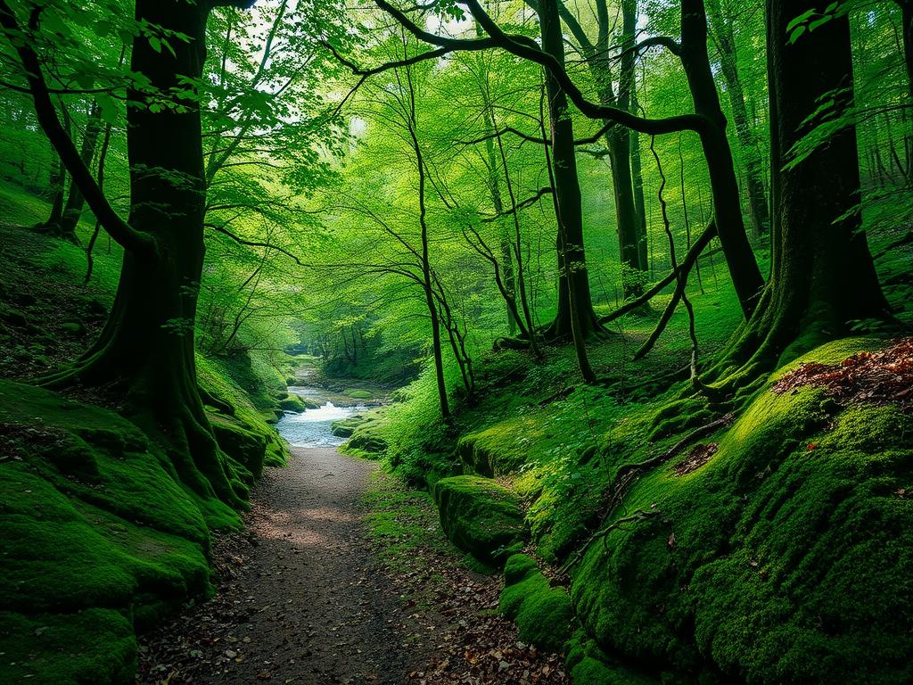A lush, verdant forest path winds through a hidden German landscape, sunlight filtering through the dense canopy above. Moss-covered rocks and ancient trees line the secluded trail, inviting exploration. In the distance, a gentle stream babbles, its water reflecting the surrounding foliage. The air is cool and crisp, the only sounds the rustling of leaves and the call of distant birds. This tranquil, off-the-beaten-path scene captures the essence of Germany's best-kept hiking secrets, promising a serene, immersive experience for the adventurous explorer.