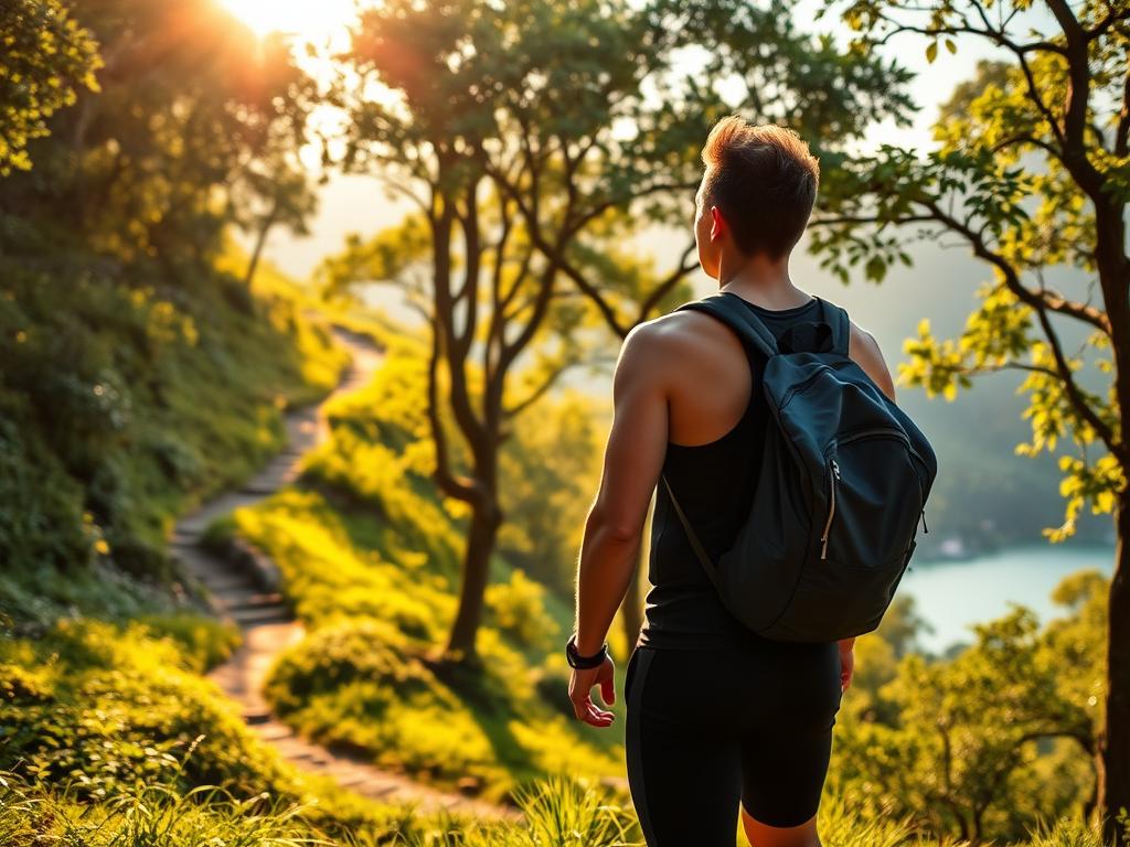 A lush, verdant landscape serves as the backdrop for a lone traveler on a sporty adventure. In the foreground, a fit individual, dressed in sleek athletic wear, stands confidently, backpack slung over their shoulder, gazing out towards a winding hiking trail that disappears into the distance. Warm, golden sunlight filters through the canopy of trees, casting a serene, inspiring glow over the scene. In the middle ground, a picturesque lakeside setting provides a tranquil respite, inviting the viewer to imagine the rejuvenating activities that might unfold here. The composition is balanced, with the traveler's resolute stance and the serene natural surroundings working in harmony to evoke a sense of personal empowerment, freedom, and the joy of solo adventure.