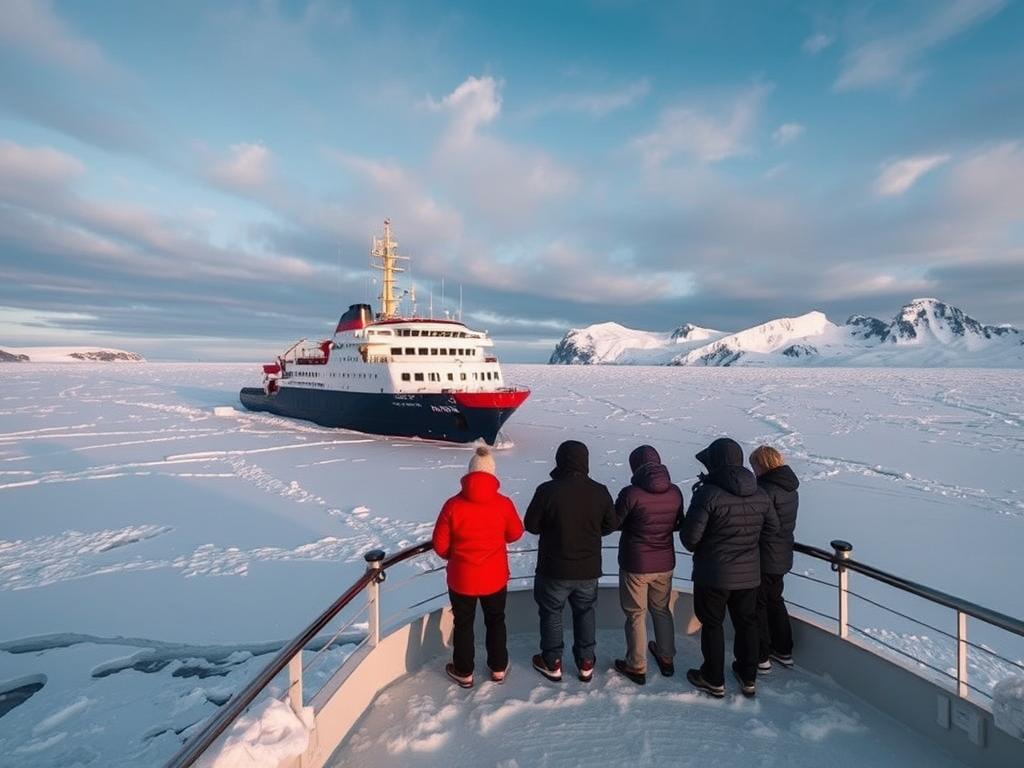 A majestic icebreaker ship navigates through the frozen waters of the Arctic, its sturdy hull cutting through the thick ice floes. In the foreground, a group of adventurers bundled in warm winter gear stand on the deck, gazing out at the vast, icy landscape. The sky is a breathtaking display of vibrant blues and grays, with wispy clouds casting shadows across the sparkling white terrain. In the distance, towering glaciers and snow-capped peaks rise against the horizon, creating a sense of scale and grandeur. The lighting is a mix of natural daylight and the warm glow of the ship's windows, casting a soft, atmospheric illumination over the scene. This is the thrilling journey to the Nordpol, a true expedition into the heart of the Arctic wilderness.