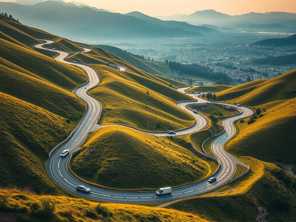 A meticulously designed route plan, illuminated by warm, diffused lighting and captured from a slightly elevated perspective. The foreground showcases a winding road snaking through lush, rolling hills, with each turn and intersection carefully mapped out. The middle ground features a diverse array of transportation modes - cars, buses, bicycles, and pedestrians - all seamlessly integrated into the carefully orchestrated flow of the route. In the distance, a picturesque town or city skyline emerges, hinting at the final destination of this well-planned journey. The overall scene conveys a sense of efficiency, organization, and the profound impact that a thoughtful route planning can have on enhancing the travel experience.
