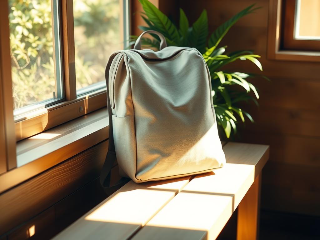 A minimalist backpack rests on a wooden bench, its simple design and neutral colors blending seamlessly with the natural surroundings. Sunlight streams through the window, casting a warm glow and creating soft shadows that accentuate the clean lines of the bag. In the background, a lush, green plant adds a touch of life, hinting at the sense of freedom and adventure that awaits the traveler. The scene exudes a sense of calm and tranquility, reflecting the ethos of minimalism on the road – the freedom to explore unencumbered by excess.