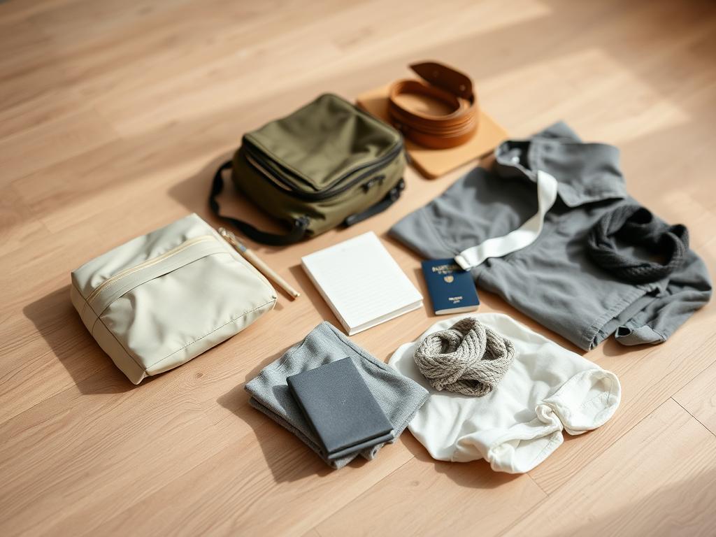 A minimalist packing list laid out on a smooth wooden surface, with a neutral color palette of beige, grey, and white. The foreground features a few essential items neatly arranged, such as a small backpack, a simple toiletry bag, a lightweight jacket, and a few carefully selected clothing pieces. The middle ground showcases a travel journal, a passport, and a multi-purpose accessory like a scarf or a compass. The background is softly blurred, creating a sense of focus and simplicity. The lighting is natural and diffused, casting gentle shadows and highlighting the textures of the materials. An overall airy, organized, and uncluttered atmosphere conveys the essence of minimalist travel.