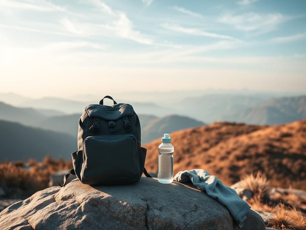 A minimalist, serene scene of a traveler's essential belongings in a tranquil setting. In the foreground, a simple backpack, a water bottle, and a lightweight jacket rest on a smooth, natural rock. The middle ground reveals a breathtaking vista of rolling hills and distant, snow-capped mountains, bathed in soft, warm lighting. The background features a calming, hazy sky with wispy clouds, creating a sense of peace and unencumbered freedom. The composition emphasizes simplicity, functionality, and harmony with the natural world, embodying the essence of minimalist travel culture.