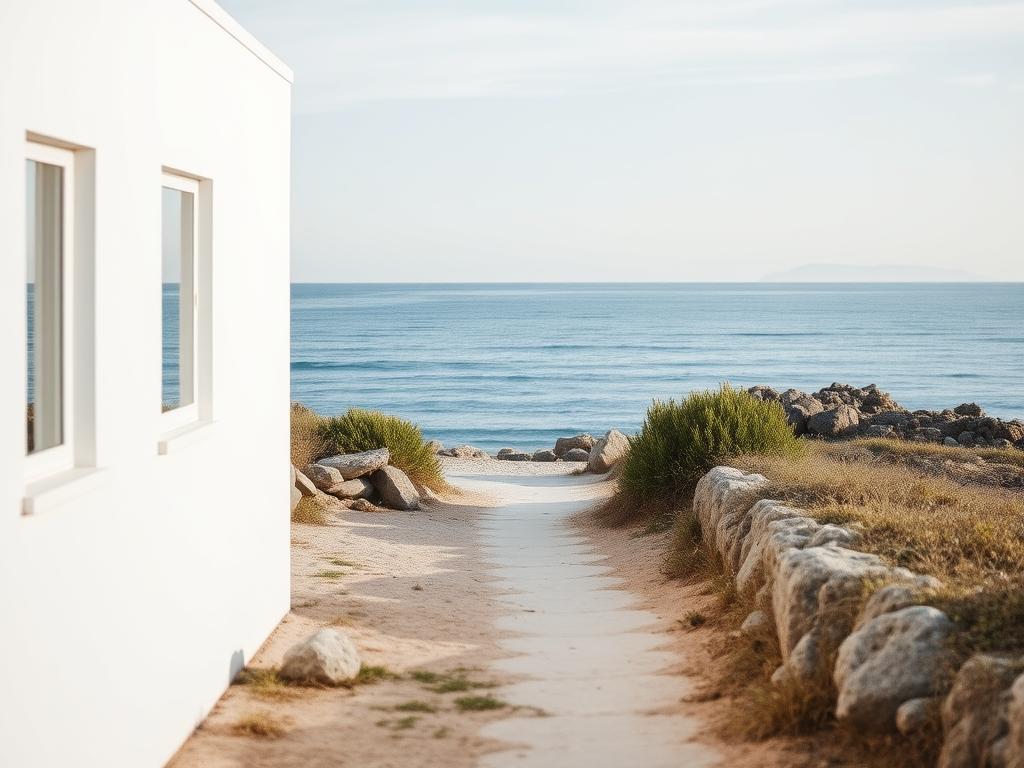 A minimalist travel destination, a serene seaside town bathed in soft, natural light. In the foreground, a simple, unadorned beach house with clean lines and neutral tones, its windows reflecting the tranquil ocean. The middle ground features a path leading towards the water's edge, lined with sparse vegetation and smooth, weathered rocks. In the background, the horizon is dominated by a vast, calming expanse of azure sky and gently rolling waves. An atmosphere of peaceful simplicity and solitude pervades the scene, inviting the viewer to embrace a minimalist, unencumbered travel experience.
