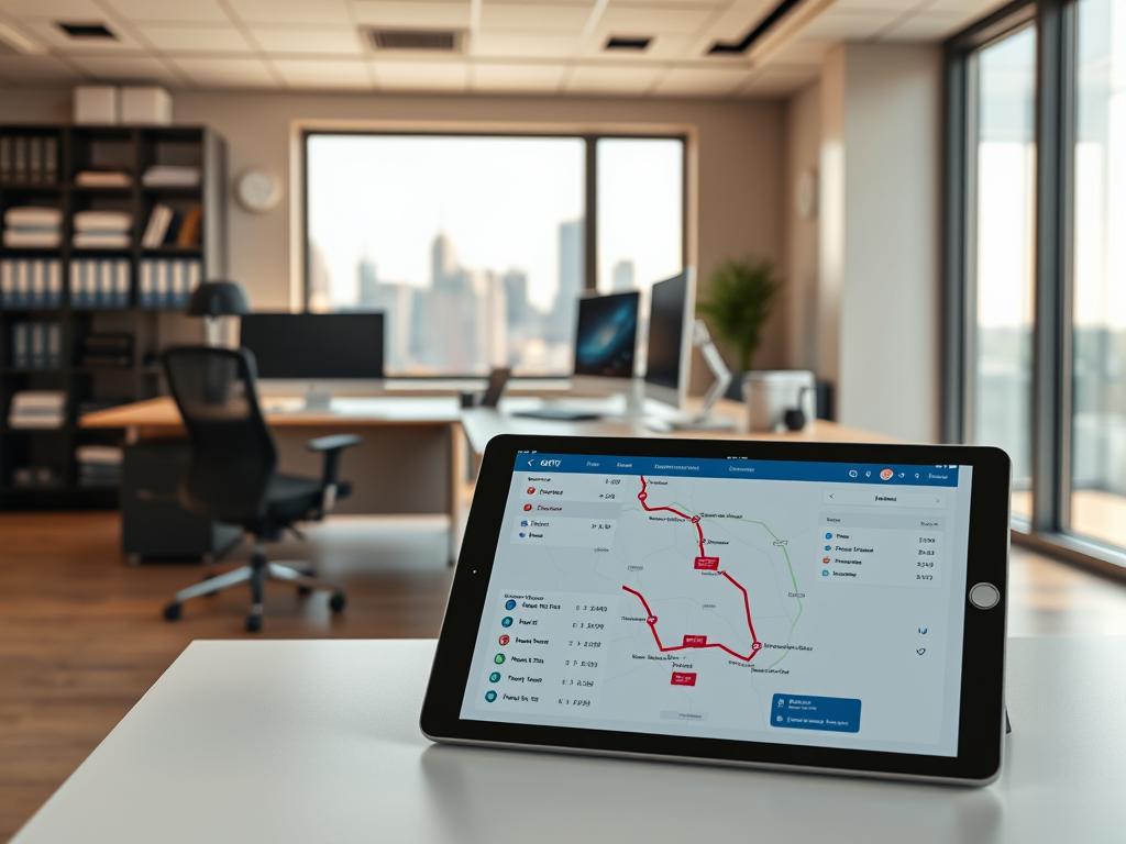 A modern, minimalist office interior with a large desk, ergonomic chair, and sleek computer setup. In the foreground, a tablet device displays a route planning interface, showcasing locations, routes, and scheduling details. The middle ground features a window overlooking a city skyline, bathed in warm, diffused lighting. The background includes shelves of reference materials and organizational tools, creating a professional, efficiency-focused atmosphere. The scene conveys the functionality and productivity of a field sales representative's workspace, emphasizing the utility of a comprehensive route planning system.