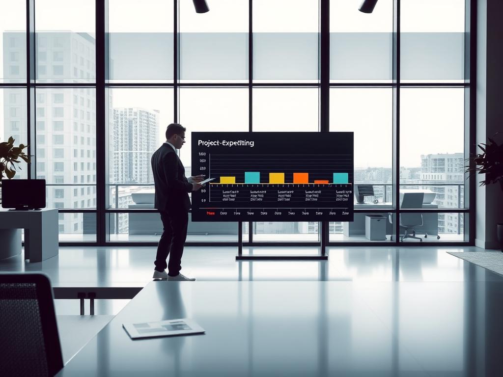 A modern office setting with a sleek, minimalist design. In the foreground, a businessman stands at a desk, reviewing documents intently. The middle ground features a large, flat-screen monitor displaying a real-time project timeline, conveying the concept of expediting. The background showcases floor-to-ceiling windows, allowing natural light to flood the space and create a sense of openness and efficiency. The overall atmosphere is one of focus, productivity, and a proactive approach to business operations.