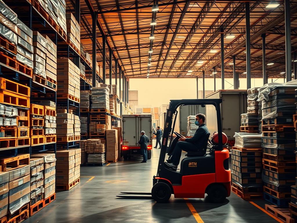 A modern warehouse bustling with activity, a forklift operator efficiently navigating through stacks of neatly organized pallets. In the background, a team of workers diligently packing and loading goods onto trucks, ensuring a seamless flow of logistics. Warm, directional lighting illuminates the scene, casting shadows that highlight the precision and speed of the operations. The overall atmosphere conveys a sense of well-oiled productivity, reflecting the principles of expediting - the practice of accelerating and optimizing business processes to improve efficiency and responsiveness.