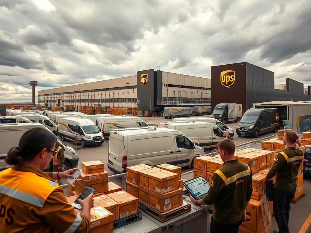 A modern, well-equipped UPS Expressdienst logistics hub with a bustling package sorting and distribution center. In the foreground, workers in UPS uniforms efficiently process packages, using advanced scanning and tracking technology. The middle ground shows a fleet of UPS delivery vans loading up, ready to transport the packages to their destinations worldwide. In the background, a towering, state-of-the-art warehouse facility with UPS branding, set against a backdrop of a cloudy, yet bright sky, conveying a sense of productivity and global reach. The scene is captured with a wide-angle lens, emphasizing the scale and efficiency of the UPS Expressdienst operation.