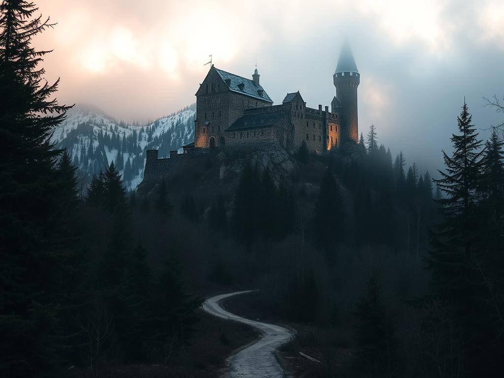 A mysterious, ancient castle nestled atop a rugged, snow-capped mountain, shrouded in a veil of mist. The crumbling stone walls and towers are illuminated by a warm, golden light, casting long, dramatic shadows across the landscape. In the foreground, a winding path leads through a dense, overgrown forest, inviting the viewer to explore the secrets of this forgotten place. The atmosphere is imbued with a sense of timelessness and a palpable air of mystery, as if the very stones hold the echoes of a forgotten past. This is a scene of haunting beauty, a testament to the enduring allure of Germany's most enigmatic historical sites.