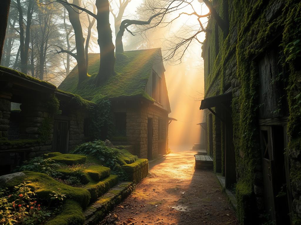 A mysterious, fog-shrouded forest path winding through ancient, moss-covered ruins. Shafts of golden sunlight break through the canopy, casting a warm, melancholic glow over crumbling stone walls and weathered wooden structures. Overgrown vines and wildflowers reclaim the abandoned buildings, hinting at the passage of time. The air is cool and crisp, with a touch of earthy decay. A lone bird's song echoes, the only sound disturbing the serene, contemplative atmosphere. This tranquil, melancholic exploration of forgotten places invites the viewer to ponder the passage of time and the impermanence of human constructs.