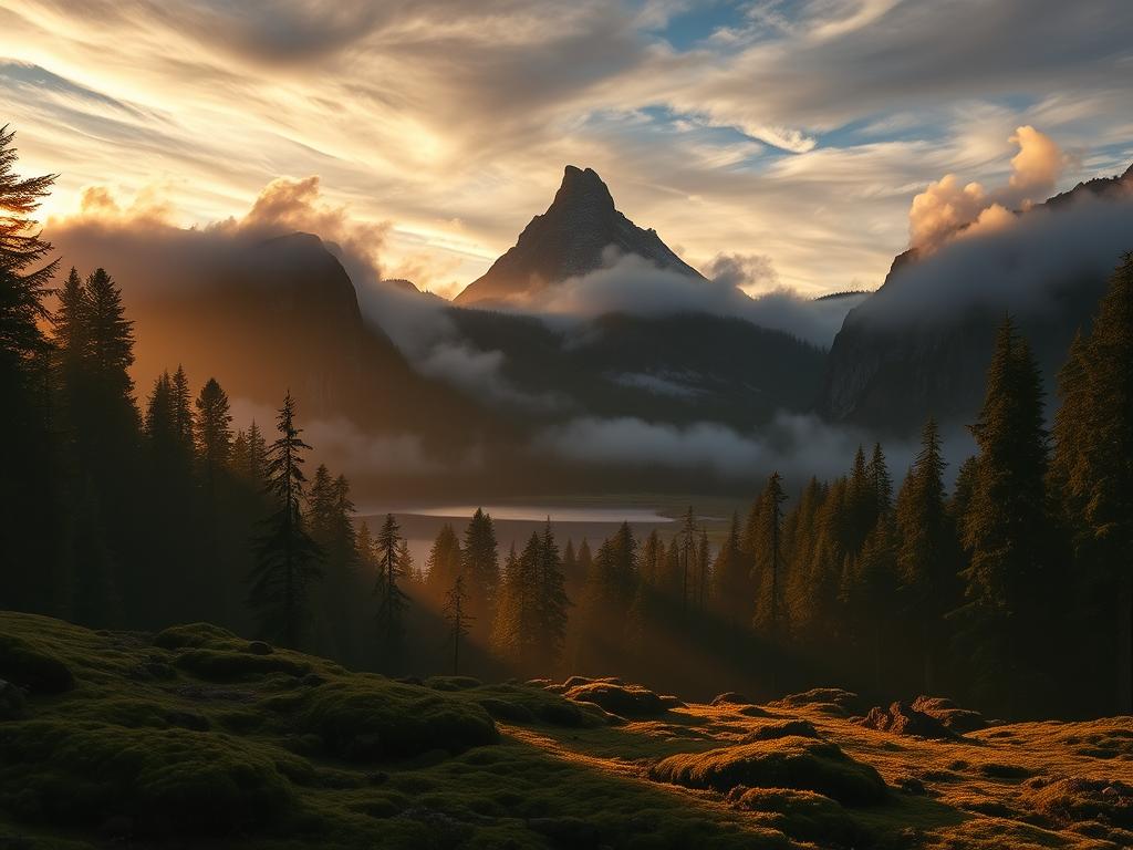 A mystical landscape at dusk, with a dense forest in the foreground casting long shadows across the moss-covered ground. In the middle ground, a tranquil lake reflects the fading golden light, surrounded by towering cliffs shrouded in mist. In the distance, a lone mountain peak pierces the darkening sky, its jagged silhouette silhouetted against the swirling clouds. The air is thick with a sense of ancient power and primal energy, inviting the viewer to step into a realm of timeless wonder and supernatural possibility.