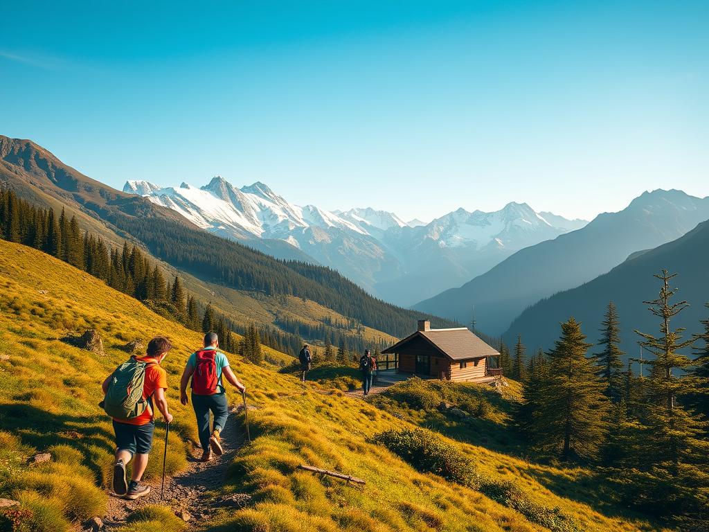 A nature-inspired landscape showcasing sustainable travel. In the foreground, a group of hikers explore a winding mountain trail, their backpacks and hiking gear suggesting a minimalist, eco-friendly approach. In the middle ground, a small cabin or lodge blends seamlessly into the lush, verdant surroundings, powered by renewable energy sources. In the background, majestic snow-capped peaks and a clear, azure sky create a serene, untouched ambiance. Warm, diffused sunlight illuminates the scene, casting a soft, golden glow and emphasizing the harmony between human exploration and the natural world. The overall composition conveys a sense of adventure, mindfulness, and a deep connection to the environment.