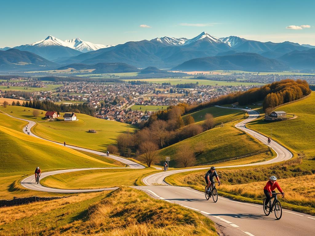 A panoramic landscape showcasing diverse cycling route options in Germany. In the foreground, a network of winding country roads and bike paths wind through rolling hills and lush meadows, with cyclists of various ages and skill levels navigating the terrain. The middle ground features a mix of urban and rural scenery, including charming towns, picturesque villages, and scenic vistas. In the background, majestic mountains rise up, their peaks capped with snow. The lighting is warm and golden, casting a soft, inviting glow over the entire scene. The composition is crisp and detailed, captured through a wide-angle lens to convey a sense of depth and expansiveness. The overall mood is one of adventure, exploration, and the joy of cycling through Germany's diverse and captivating landscapes.