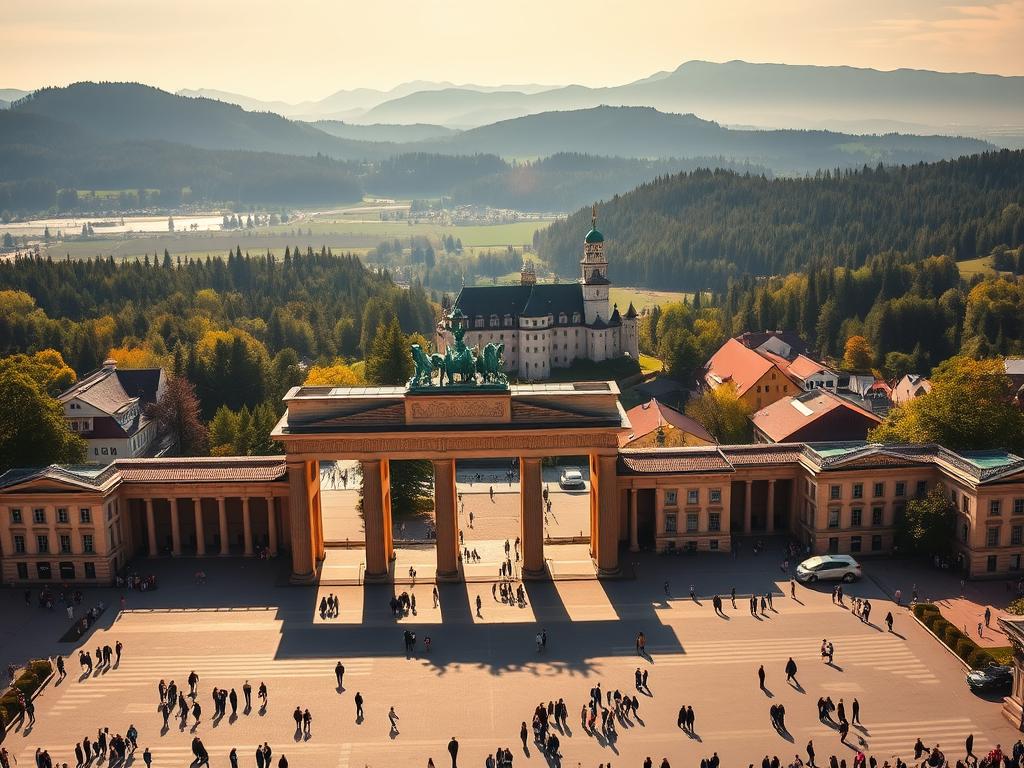 A panoramic view of Germany's most captivating landmarks, illuminated by warm, natural lighting and captured through a high-quality wide-angle lens. In the foreground, the iconic Brandenburg Gate stands proud, its intricate architecture and majestic columns casting shadows across the bustling square. In the middle ground, the Neuschwanstein Castle, a fairytale-like structure perched atop a rugged mountain, commands attention with its picturesque turrets and spires. In the background, the serene landscapes of the Black Forest unfold, with dense, verdant trees and rolling hills creating a sense of tranquility and adventure. The overall atmosphere exudes a palpable sense of discovery, inviting the viewer to explore the rich cultural and natural wonders that Germany has to offer.